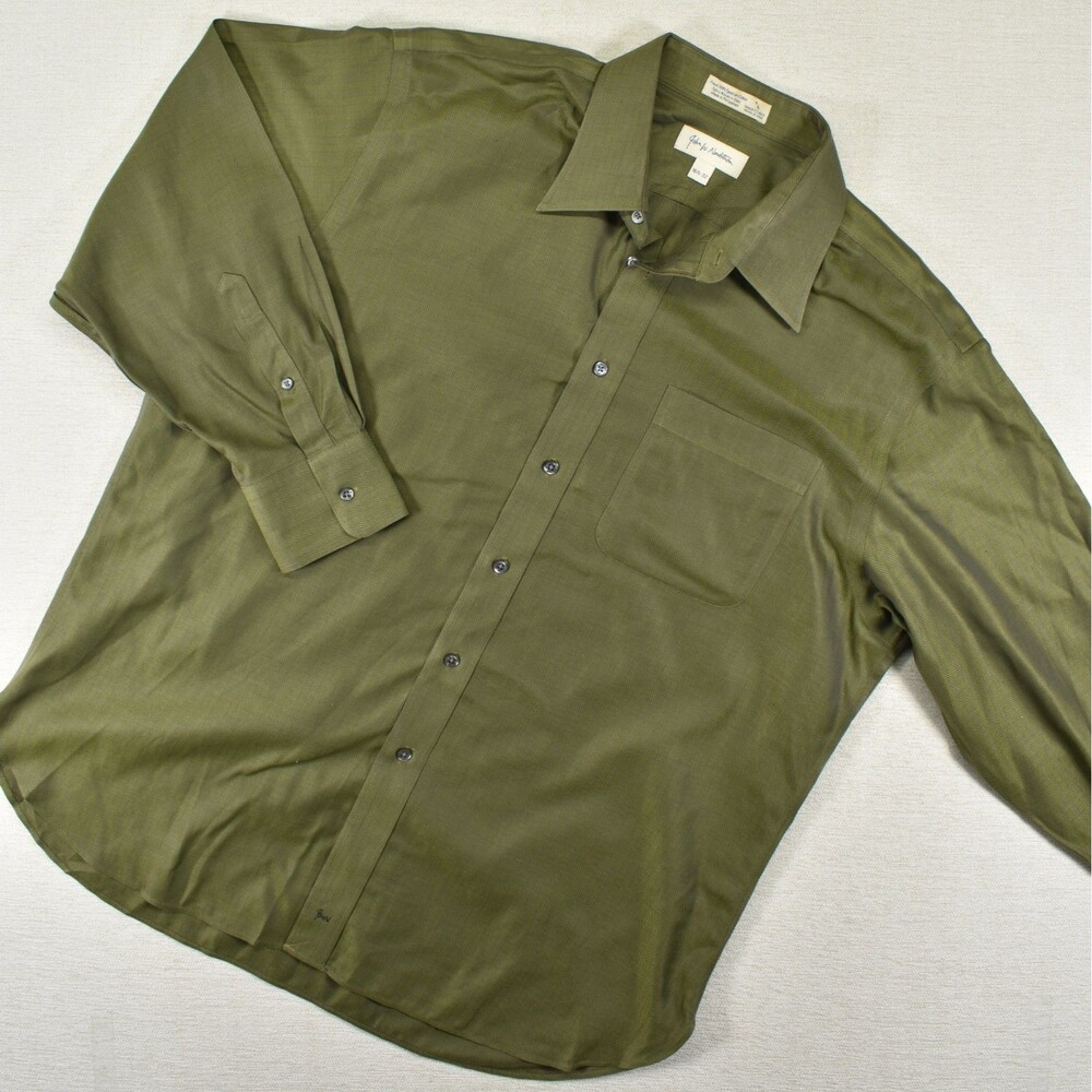 Nordstrom Button Up Dress Shirt Mens 16.5 32/33 Olive Green Herringbone